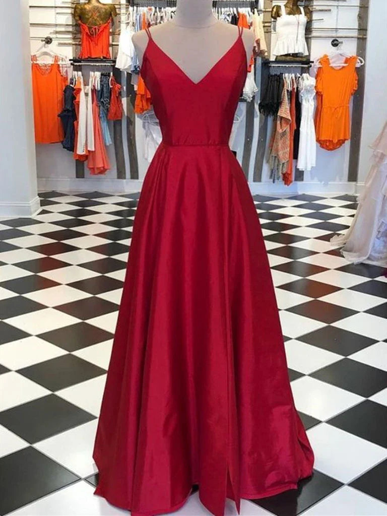 A Line V Neck Satin Long Prom Dresses Formal Evening Dresses